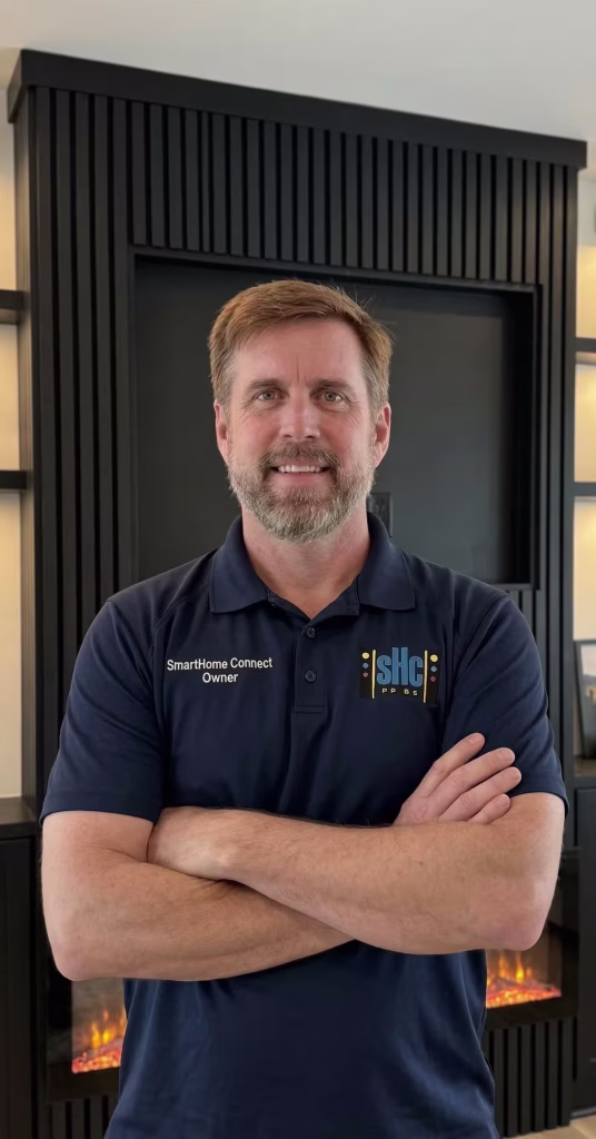 Dan, owner of SmartHome Connect LLC, standing in front of a completed custom media wall installation in Kansas City